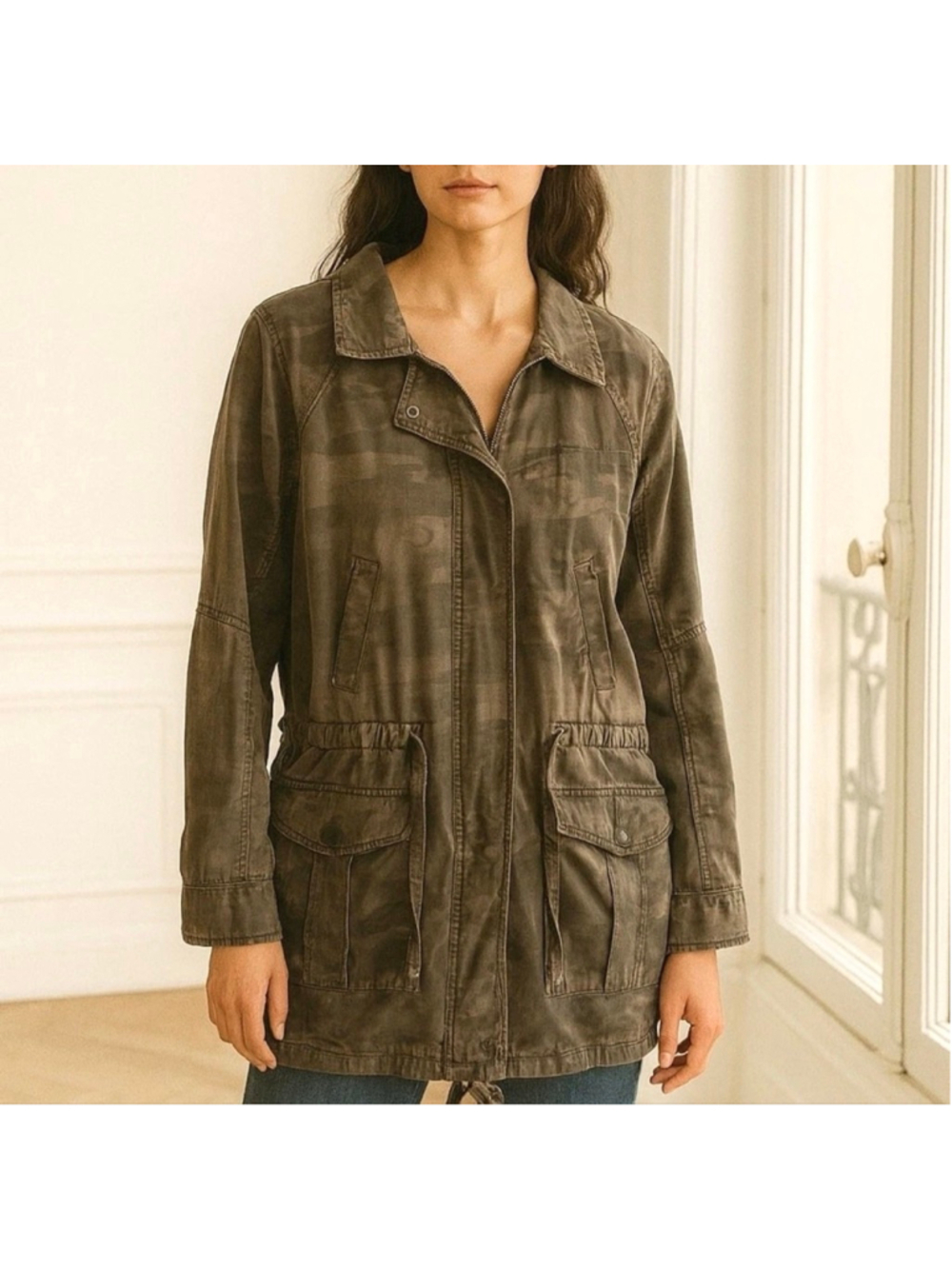 Sanctuary Camo Utility Jacket Long Lightweight Cargo Military Army Green Large